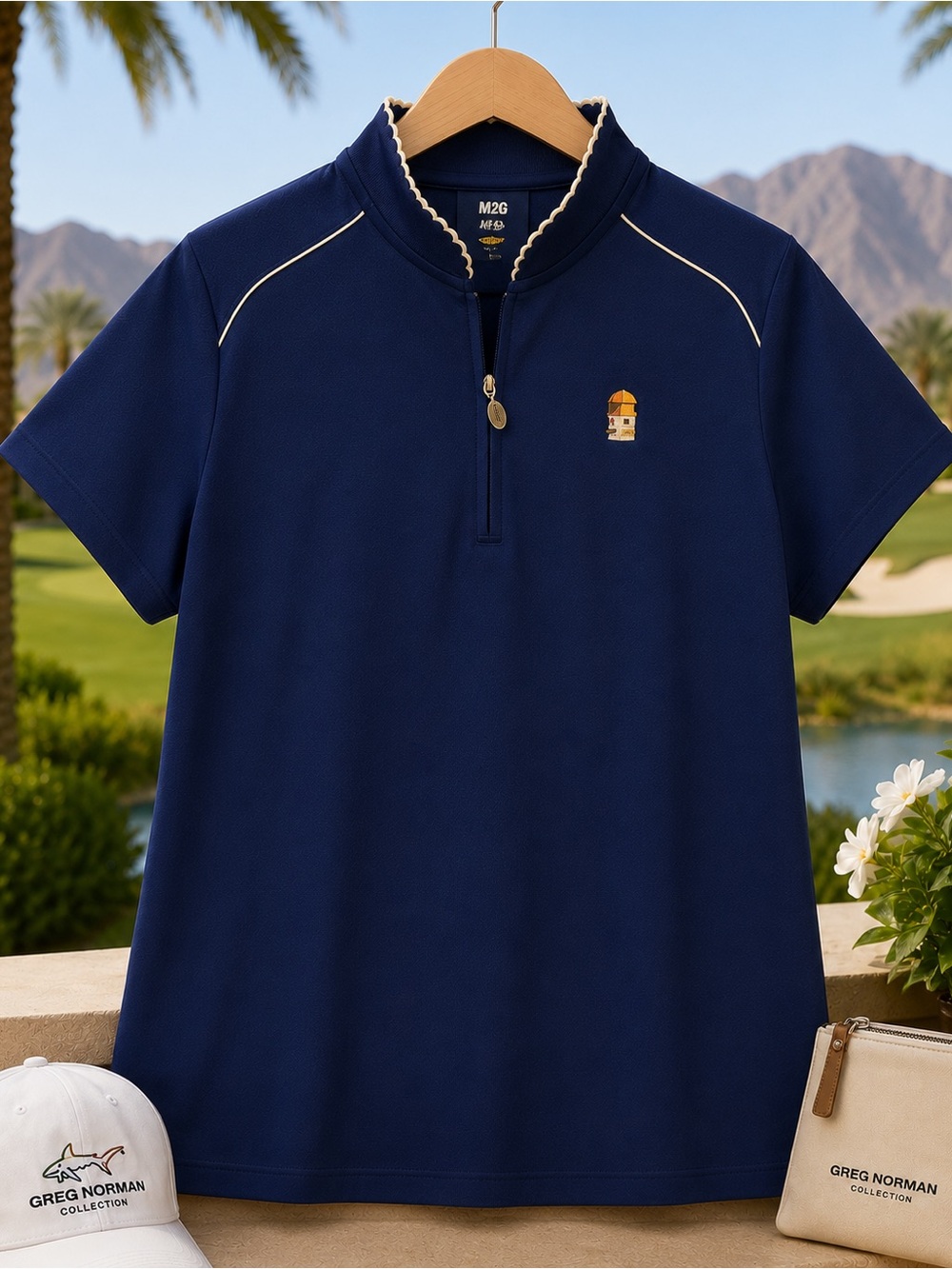 Greg Norman ML75 Navy Quarter Zip Golf Top Women’s L Scalloped Trim